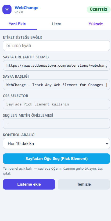 WebChange — selecting an element to monitor on a webpage